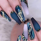 Zjkrl - 24Pcs Full Cover False Nails Red Rhinestone Planet Long Ballerina Coffin Nail Tips Detachable Fake Nails Press on Nails Manicure