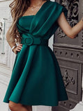Zjkrl Women Green One Shoulder Flared Party Dress With Belt
