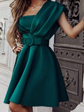 Zjkrl Women Green One Shoulder Flared Party Dress With Belt