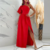 Sexy Off Shoulder High Waist Slit Long Dress Fashion Lady Diagonal Collar Backless Party Dress Casual Pleated Short Sleeve Dress