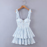 Zjkrl - Fashion Women Spaghetti Strap Ruffle Cake Chiffon Dress Sexy Ladies Floral Print Holiday Party Mini Dress Summer Robe