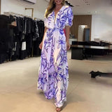 Office Sexy V-neck Short Sleeve Long Dress Vintage Patterm Print Lace-up Beach Dress Summer Women Fashion Loose Hem Party Dress