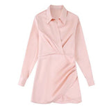 Solid Chic V-Neck Office Lady Satin Dresses For Women 2023 Women&#39;s Long Sleeve Gathered Pullovers Slim Elegant Female Dress