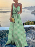 Zjkrl - Fashion V Neck Sling Print Party Dress New Summer Elegant Swing Long Dress Women Sexy Sleeveless Belt Bohemian Robe Dresses