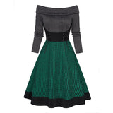 Zjkrl Cable Knit Plaid Print Panel Dress Long Sleeve Lace Up Foldover Off the Shoulder Mini Dress For Women Spring Winter