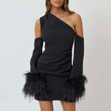 Zjkrl Sexy 2023 Spring Outfits One Shoulder Diagonal Collar Backless Long Sleeve Feather Short Dress Black White Evening Party Dresses