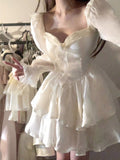 Zjkrl 2023 Spring Pure Color French Fairy Mini Dress Y2k Party Slim One Piece Dress Korean Design Lace Sweet Sexy Women Dress Lolita