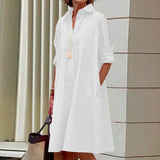 Zjkrl - Autumn New Simple Shirt Dress Casual Solid Color Long Sleeves Fashion Turn-down Collar Elegant Pocket Streetwear Female Dresses