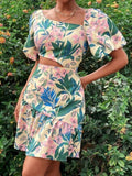 Zjkrl Fashion Hollow Puff Sleeve Slim Party Dress Summer Picnic A-Line Casual Dress Women Elegant Square Neck Floral Print Mini Dress