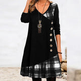 Zjkrl - Fashion Long Sleeve V Neck Midi Dress Autumn Ladies Button Splicing Loose Dress New Vintage Geometric Puzzle Print A-line Dress