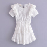 Zjkrl Spring Short Sleeve Vocation Women White Mini Dress Holiday Lace Ruffled Dress