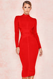Zjkrl Bodycon Dress Rayon High Quality Turtleneck Long Sleeve Lace Up Bandage Dress Ribbed Knee-Length Sexy Vestidos Dobanmbd