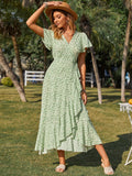 Zjkrl - 2023 New Boho Wrap Dress V-neck Flying Sleeve Maxi Dress Mujer Printing Sweet Long Dresses Chic Vestidos Ruffled Bandage Dress