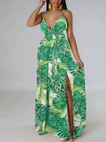 Zjkrl Women Spaghetti Strap Floral Printed Maxi Dress Elegant Summer Boho Beach Slit Dress