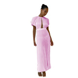 Zjkrl - 2023 Elegant Hollow Out Pleated Dress For Women Fashion Sexy Flare Sleeve Backless A Line Dresses O Neck Office Lady Solid Robe