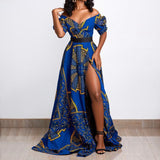 Zjkrl Dashiki Print Ankara Dresses African Women Clothes Summer Bohe Sexy V-neck Backless Slit Maxi Dress Kanga Clothing Plus Size