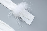 Zjkrl - Fashion Elegant Polo Collar Feathers Long Sleeve Long Dress White Streetwear Autumn Winter Bodycon Wedding Party Evening Dresses