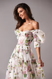 Zjkrl - Amanda Puffy Sleeve Vestido De Novia Flower Printing Prom Gown Corset A-line Prom Dress Princess Off Shoulder