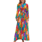 Zjkrl - Cute Cats Print Dress Funny Animal Elegant Printed Maxi Dress High Waist Long-Sleeve Street Fashion Bohemia Long Dresses