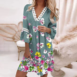 Zjkrl Vintage Print Trumpet Sleeve Boho Beach Dress Women Fashion Lace Patchwork V-Neck Party Dresses Lady Loose A-Line Dress Vestidos
