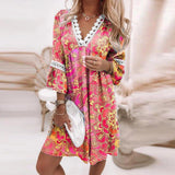 Zjkrl Vintage Print Trumpet Sleeve Boho Beach Dress Women Fashion Lace Patchwork V-Neck Party Dresses Lady Loose A-Line Dress Vestidos