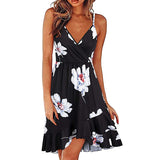 Zjkrl S-2XL 17Colors Print Ruffles Sleeveless Fit Flare Dress Casual V-Neck Women Beach Party Entertainment Daily Suspender Wear