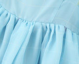 Summer Women Sky Blue Plaid Organza Dress Vintage Puff Sleeve Ladies Holiday Party Mini Robe