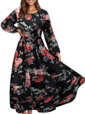 Zjkrl - Elegant Floral Print Women Dress Spring Summer Casual O Neck Long Sleeve Chiffon A Line Long Maxi Dress Party Vestidos