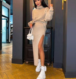 Women Casual Solid Knitted Slim Sweater Warm Suit Long Sleeve Stand Collar Pullover and Side Split Skirt Winter New Fashion