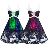 Zjkrl - 5XL Women Vintage Dresses Lace Panel Elk Print 3D Galaxy Christmas Dress Eyelets Mixed High Low Party Dress Vestido