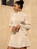 Zjkrl - Elegant Flare Sleeve O Neck Pleated Mini Dress for Women Robe Autumn Long Sleeve Ruched Short Dresses Clubwear Vestido