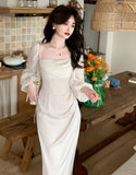 Zjkrl - Solid Elegant Fairy Dresses Women Casual Party Fashion Korean One Piece Dress Female Lace Vintage Chic Midi Dresses