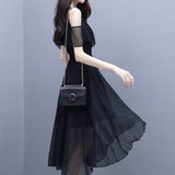 Zjkrl Elegant Fashion V-neck Zipper Off Shoulder Short Sleeve A-LINE Dress Summer Black Solid Color Chiffon Empire Women&#39;s Clothing