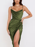 Midi Satin Dress Split Adjustable Strap Ruched Cowl Neck Asymmetrical Zipper Party Dress Elegant Sexy Woman Dresses