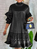 Women Loose Dresses Half High Collar Beading Three Quarter Sleeves Party Fashion Spring Summer Large Size Female Occasion Gowns
