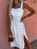 Women Summer Spaghetti Strap Dress Sexy Floral Print Sleeveless Sling Dress Boho Slash Neck Slit Beach Party Dress Sundress Robe