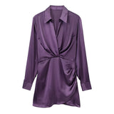 Solid Chic V-Neck Office Lady Satin Dresses For Women 2023 Women&#39;s Long Sleeve Gathered Pullovers Slim Elegant Female Dress