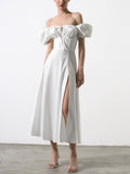 Puff Sleeve White Dress Off Shoulder Cut out Tie up Side Split Ruched Long Dress robe femme Summer Dress for Women