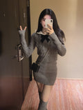 Zjkrl - Autumn Kawaii Knitted Two Piece Set Women Casual Bow Sweet Mini Skirt Suit Female Korean Fashion Warm Elegant Sweater Set