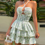 Zjkrl - Fashion Backless Floral Print Party Dress Sexy Cross Halter Bag Hip Summer Dress 2023 Elastic High Waist Layered Cake Dresses