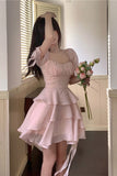 Zjkrl Pink Kawaii France Style Short Dress Women Elegant Evening Party Midi Dresses Cute Sweet Puff  Sleeve Clothing 2023