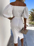 Zjkrl Summer Sexy Off Shoulder Bodycon Party Dress Women Spring Solid Slim Office Midi Dress Elegant Puff Sleeve Female Dress Vestidos