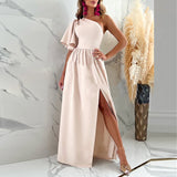 Sexy Off Shoulder High Waist Slit Long Dress Fashion Lady Diagonal Collar Backless Party Dress Casual Pleated Short Sleeve Dress