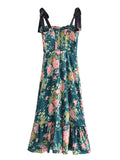 Summer New Fashion Cottagecore French Vintage Women Holiday Style Floral Print Ruffles Elastic Waist Lace-Up Strap Dress