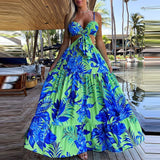 Zjkrl Women Elegant  Sleeveless Backless Bohemian Beach Dresses Summer Split Long Dress 2023 Leaf Print Loose Suspenders Sundress