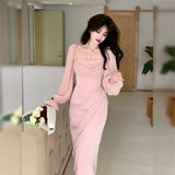Zjkrl - Solid Elegant Fairy Dresses Women Casual Party Fashion Korean One Piece Dress Female Lace Vintage Chic Midi Dresses