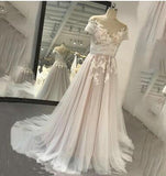 Zjkrl - Elegant Long A Line Champagne Wedding Dresses Applique Organza Scoop Neck Short Sleeves Cut Off Open Back Custom Made