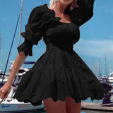 Women Solid Hollow Out Party Dresses Elegant Ruffles Loose Lace Patchwork Casual Dress Summer Sexy Square Collar Dress Vestidos