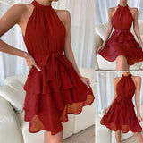 Zjkrl Women Soild Ruffle Design Dress Halter Neck Dress Casual Sweet Style Dress Grace Sleeveless Dress Women Summer Dress