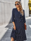 Zjkrl Autumn Winter Dot Bandage Dress Women Casual Ruffles V Neck High Waist Slim Print Long Dress New Fashion